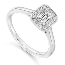 Load image into Gallery viewer, 18K White Gold Emerald Cut Diamond &amp; Halo Engagement Ring 0.45 CTW - Vipiteno - Pobjoy Diamonds