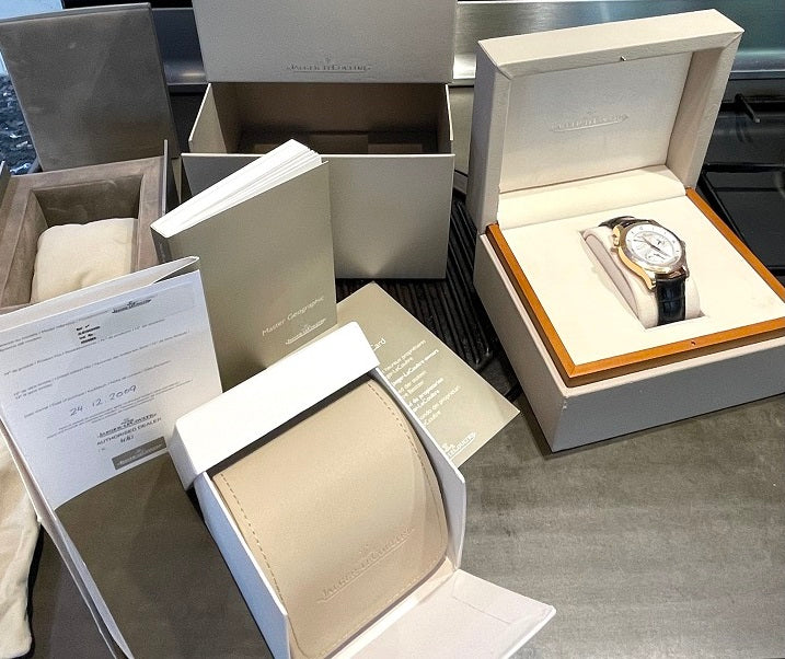 JAEGER LECOULTRE Master Geographic Rose Gold & Black Leather Strap SOLD - Pobjoy Diamonds