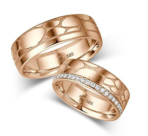 18K Gold His & Hers Diamond Flat Court Leather Effect Wedding Rings Set - Pobjoy Diamonds