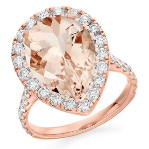 Pobjoy Diamonds - 18K Rose Gold Pear Cut Morganite & Diamond Halo Ring 4.65 CTW
