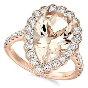 18K Gold Pear Cut Morganite & Diamond Halo Ring 5.10 CTW - Pobjoy Diamonds