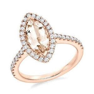 18K Gold Marquise Cut Morganite & Halo Diamond Ring 2.10 CTW - Pobjoy Diamonds