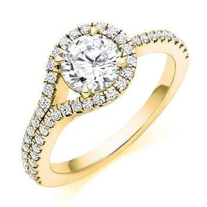 18K Yellow Gold Diamond Halo & Shoulders Engagement Ring 1.50 CTW-Napoli - Pobjoy Diamonds