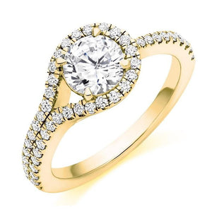18K Yellow Gold Diamond Halo & Shoulders Engagement Ring 1.50 CTW-Napoli - Pobjoy Diamonds