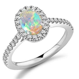 18K White Gold Oval Opal & Diamond Halo Ring 0.85 CTW - Pobjoy Diamonds