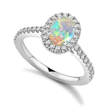 Load image into Gallery viewer, 18K White Gold Oval Opal &amp; Diamond Halo Ring 0.85 CTW - Pobjoy Diamonds