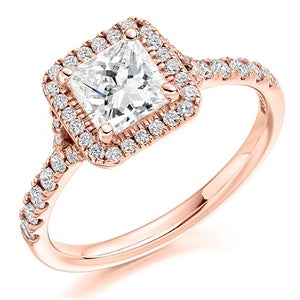 18K Gold Princess Cut 1.60 CTW Solitaire Diamond, Halo  & Shoulders Engagement Ring  F/VS - Pobjoy Diamonds