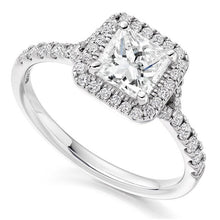 Load image into Gallery viewer, 18K Gold Princess Cut 1.60 CTW Solitaire Diamond, Halo  &amp; Shoulders Engagement Ring  F/VS - Pobjoy Diamonds