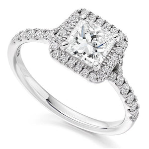 18K Gold Princess Cut 1.60 CTW Solitaire Diamond, Halo  & Shoulders Engagement Ring  F/VS - Pobjoy Diamonds