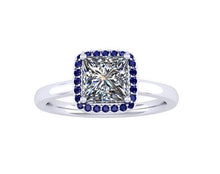 Load image into Gallery viewer, 18K White Gold Princess Cut Diamond &amp; Blue Sapphire Halo Ring 1.00 Carat-F/VS1 - Pobjoy Diamonds