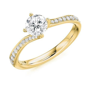 18K Yellow Gold Round Brilliant Cut Diamond & Shoulder Engagement Ring 0.75 CTW - Pobjoy Diamonds