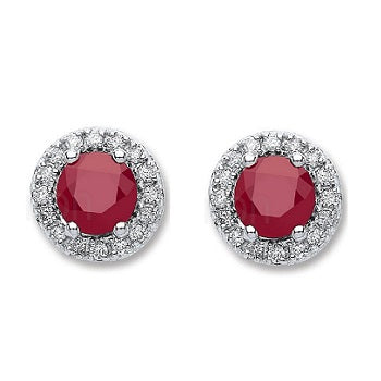 Ruby & Diamond 9K  White Gold Round Stud Earrings - Pobjoy Diamonds