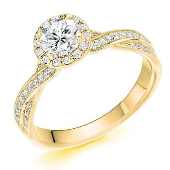 18K Yellow Gold 1.30 CTW Diamond Halo & Shoulder Ring From Pobjoy Diamonds