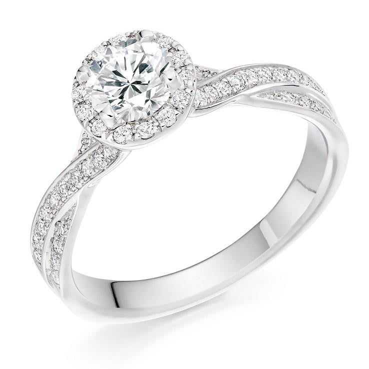 18K White Gold 1.30 CTW Diamond Halo & Shoulder Ring 