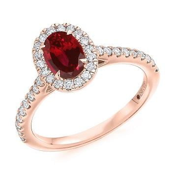 18K Rose Gold Ruby & Diamond Halo & Shoulders Engagement Ring F-G/VS - Pobjoy Diamonds