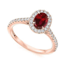 Load image into Gallery viewer, 18K Rose Gold Ruby &amp; Diamond Halo &amp; Shoulders Engagement Ring F-G/VS - Pobjoy Diamonds