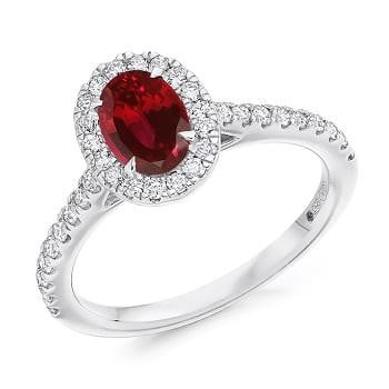 18K White Gold Ruby & Diamond Halo & Shoulders Engagement Ring F-G/VS - Pobjoy Diamonds