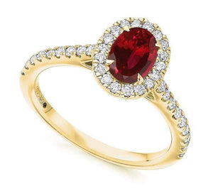 18K Yellow Gold Ruby & Diamond Halo & Shoulders Engagement Ring F-G/VS - Pobjoy Diamonds