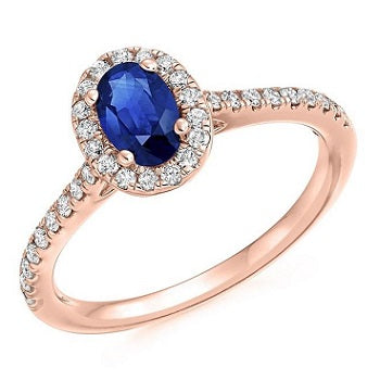 18K Rose Gold Blue Sapphire & Halo Diamond Ring 0.63 CTW - Pobjoy Diamonds
