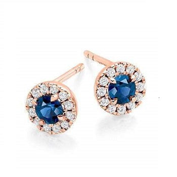 Blue Sapphire & Round Brilliant Cut Diamond Ladies Stud Earrings 18K Rose Gold - Pobjoy Diamonds