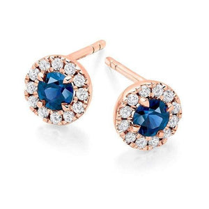 Blue Sapphire & Round Brilliant Cut Diamond Ladies Stud Earrings 18K Rose Gold - Pobjoy Diamonds