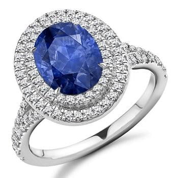 18K White Gold Blue Sapphire & Double Diamond Halo Ring - 2.90 CTW - Pobjoy Diamonds