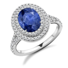 Load image into Gallery viewer, 18K White Gold Blue Sapphire &amp; Double Diamond Halo Ring - 2.90 CTW - Pobjoy Diamonds