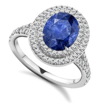 Load image into Gallery viewer, 18K Rose Gold Blue Sapphire &amp; Double Diamond Halo Ring - 2.90 CTW - Pobjoy Diamonds