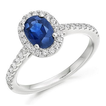 18K Gold Blue Sapphire & Halo Diamond Ring  0.65 CTW - Pobjoy Diamonds