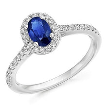 Load image into Gallery viewer, 18K White Gold Blue Sapphire &amp; Halo Diamond Ring 0.63 CTW - Pobjoy Diamonds