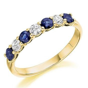 18K Yellow Gold Blue Sapphire & Diamond Half Eternity Ring 0.60 CTW - Pobjoy Diamonds