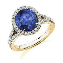Load image into Gallery viewer, 18K Yellow Gold Oval Cut Blue Sapphire &amp; Diamond Halo Ring - 4.85 CTW - Pobjoy Diamonds