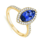 18K Yellow Gold Tanzanite Marquise Cut Diamond Halo & Shoulder Ring - 2.00 CTW - Pobjoy Diamonds