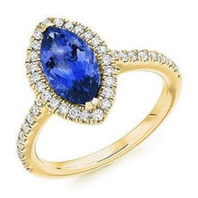 Load image into Gallery viewer, 18K Yellow Gold Tanzanite Marquise Cut Diamond Halo &amp; Shoulder Ring - 2.00 CTW - Pobjoy Diamonds
