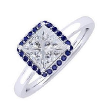 Load image into Gallery viewer, Princess Cut Diamond &amp; Sapphire Halo Diamond Ring-Pobjoy Diamonds
