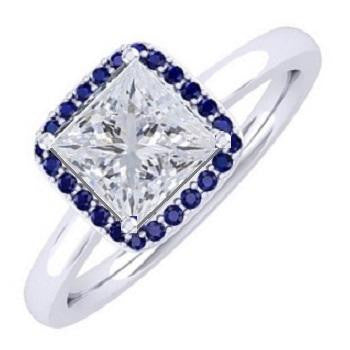 18K White Gold Princess Cut Diamond & Blue Sapphire Halo Ring 1.00 Carat-F/VS1 - Pobjoy Diamonds