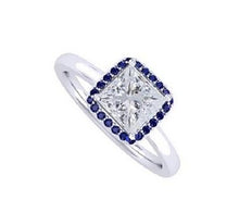Load image into Gallery viewer, 18K White Gold Princess Cut Diamond &amp; Blue Sapphire Halo Ring 1.00 Carat-F/VS1 - Pobjoy Diamonds