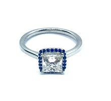 Load image into Gallery viewer, Princess Cut Diamond &amp; Sapphire Halo Diamond Ring - Pobjoy Diamonds
