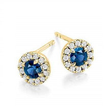 Load image into Gallery viewer, Blue Sapphire &amp; Round Brilliant Cut Diamond Ladies Stud Earrings 18K Yellow Gold - Pobjoy Diamonds