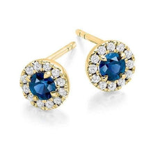 Load image into Gallery viewer, Blue Sapphire &amp; Round Brilliant Cut Diamond Ladies Stud Earrings 18K Yellow Gold - Pobjoy Diamonds