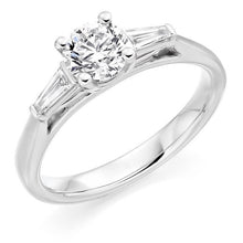 Load image into Gallery viewer, 18K White Gold Round Cut Solitaire Ring With Baguettes 0.66 CTW - G/Si1 - Pobjoy Diamonds