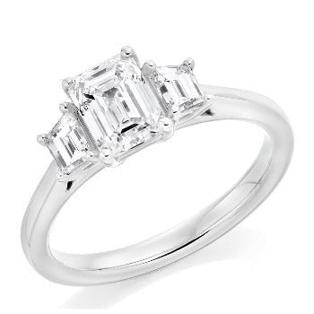 14K White Gold 1.80 Carat Emerald Cut Lab Diamond Trilogy Ring - F/VS1 - Pobjoy Diamonds