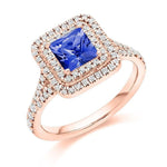 18K Rose Gold Tanzanite & Double Diamond Halo Ring 1.60 CTW - Pobjoy Diamonds