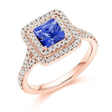Load image into Gallery viewer, 18K Rose Gold Tanzanite &amp; Double Diamond Halo Ring 1.60 CTW - Pobjoy Diamonds