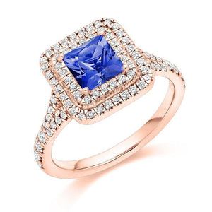 18K Rose Gold Tanzanite & Double Diamond Halo Ring 1.60 CTW - Pobjoy Diamonds