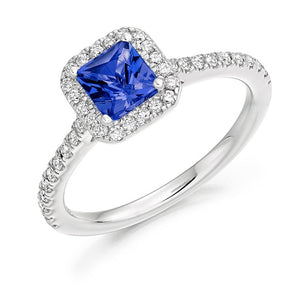 18K White Gold Princess Cut Tanzanite & Diamond Ring By Pobjoy Diamonds