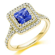 Load image into Gallery viewer, 18K Yellow Gold Tanzanite &amp; Double Diamond Halo Ring 1.60 CTW - Pobjoy Diamonds