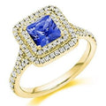 18K Yellow Gold Tanzanite & Double Diamond Halo Ring 1.60 CTW - Pobjoy Diamonds