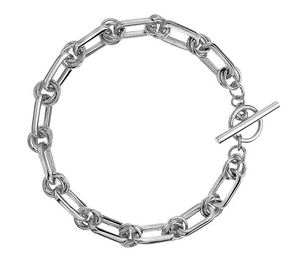 Sterling Silver Rectangle & Round Link Chunky T-Bar Bracelet
