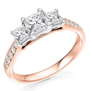 18K Rose Gold 1.10 CTW Princess Cut Diamond Halo Trilogy Ring G/Si - Pobjoy Diamonds